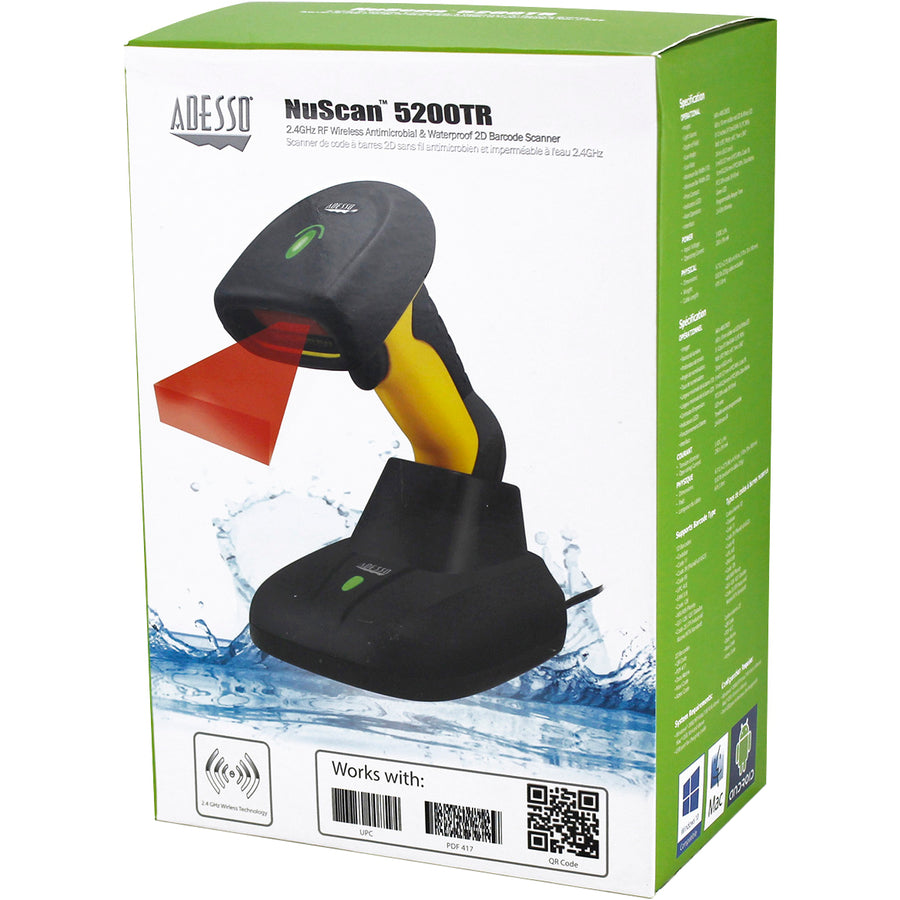 Adesso NuScan 5200TR - 2.4GHz RF Wireless Antimicrobial & Waterproof 2D Barcode Scanner SpadezStore