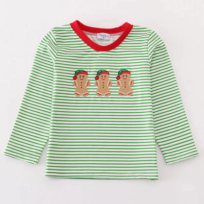 Abby & Evie Green stripe Christmas Gingerbread Embroidery Boy Top SpadezStore