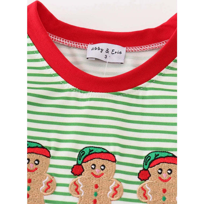 Abby & Evie Green stripe Christmas Gingerbread Embroidery Boy Top SpadezStore