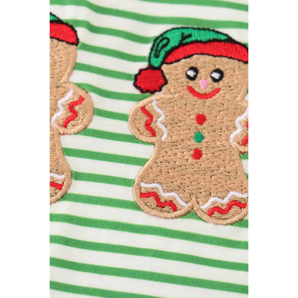 Abby & Evie Green stripe Christmas Gingerbread Embroidery Boy Top SpadezStore