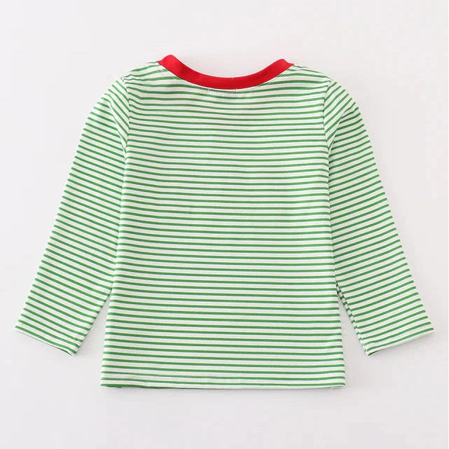 Abby & Evie Green stripe Christmas Gingerbread Embroidery Boy Top SpadezStore