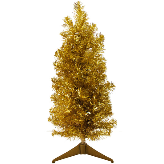 Perfect Holiday 2' Gold Tabletop Pencil Tree with Plastic Stand, 93 Tips, Dia 12" SpadezStore