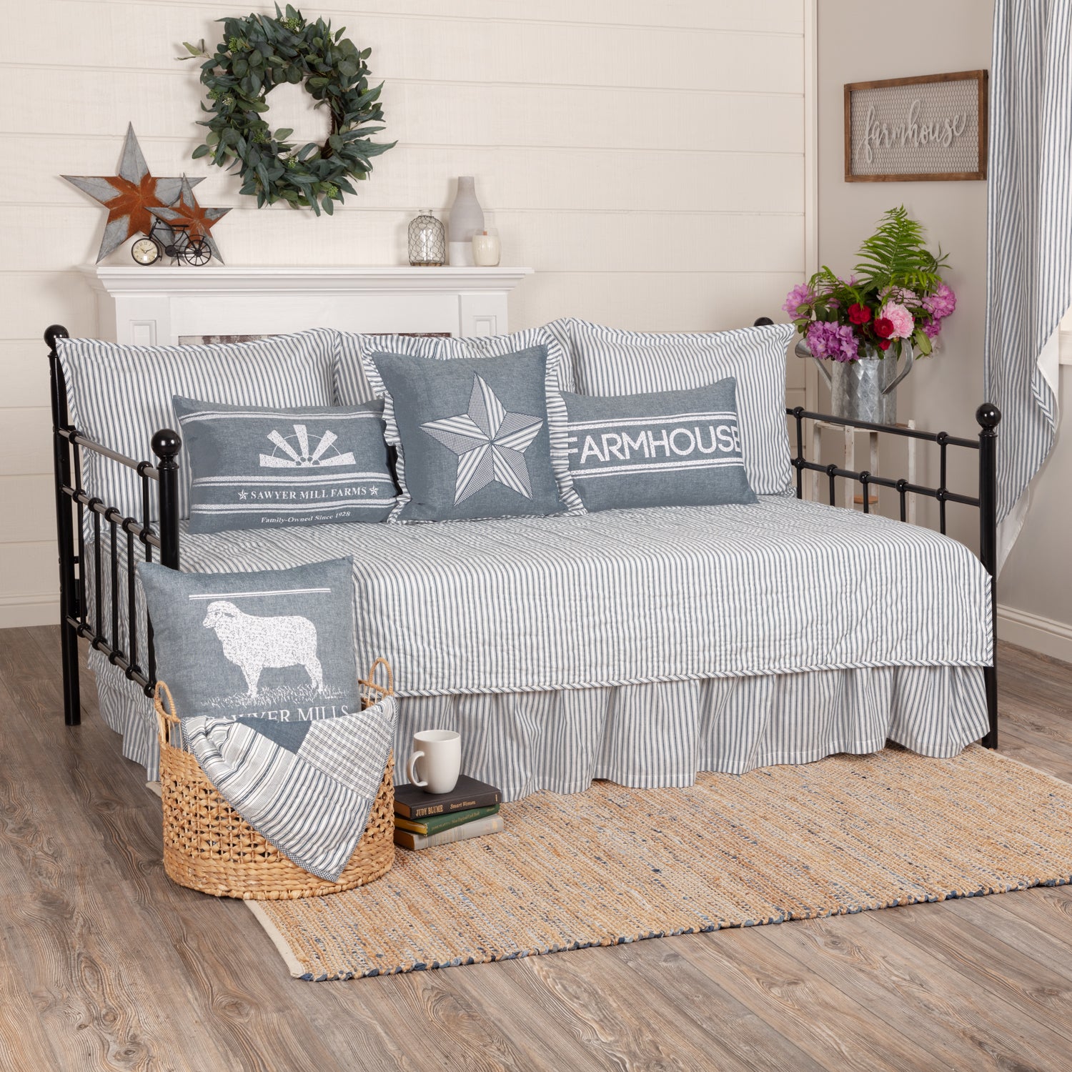 Sawyer Mill Blue Ticking Stripe 5pc Daybed Quilt Set 1 Quilt, 1 Bed Skirt, 3 Standard Shams SpadezStore