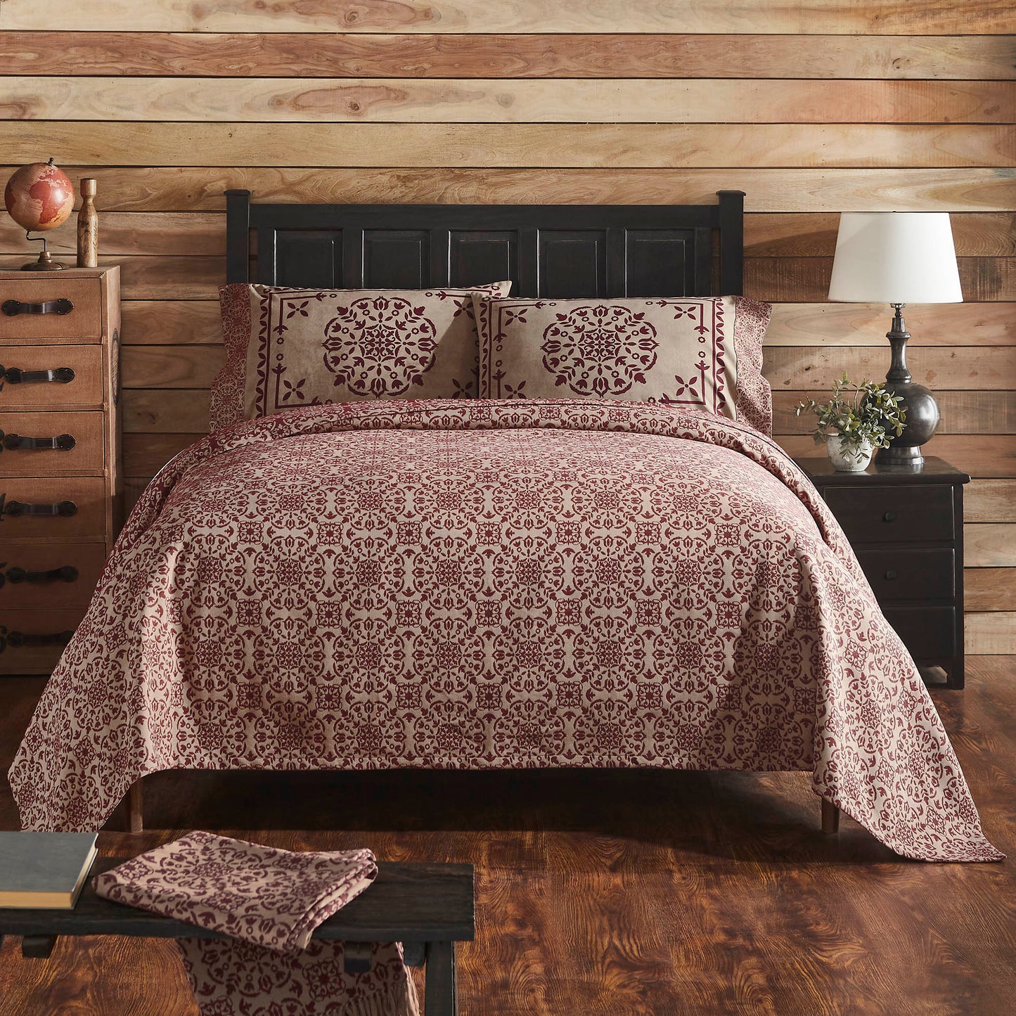 Custom House Burgundy Tan Jacquard King Coverlet 106Wx97L SpadezStore