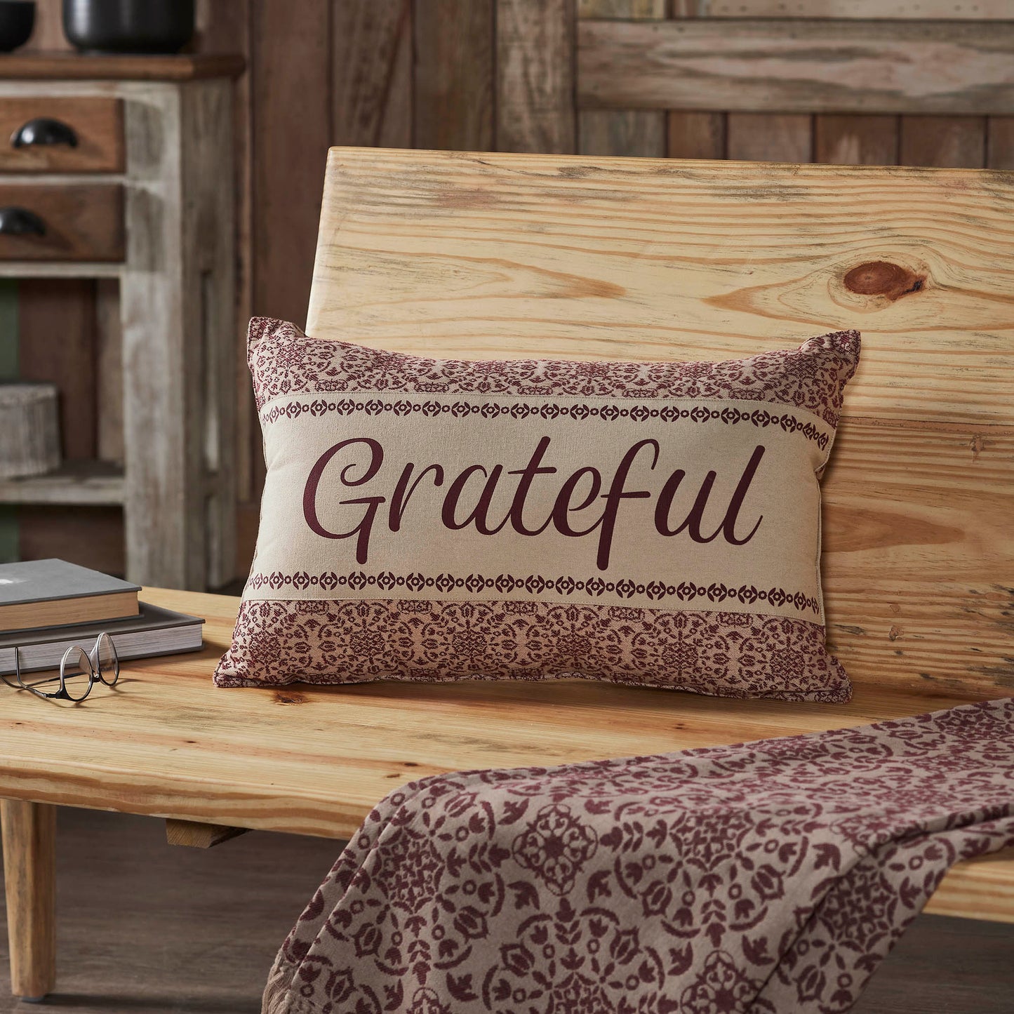 Custom House Burgundy Tan Jacquard Grateful Pillow 14x22 SpadezStore