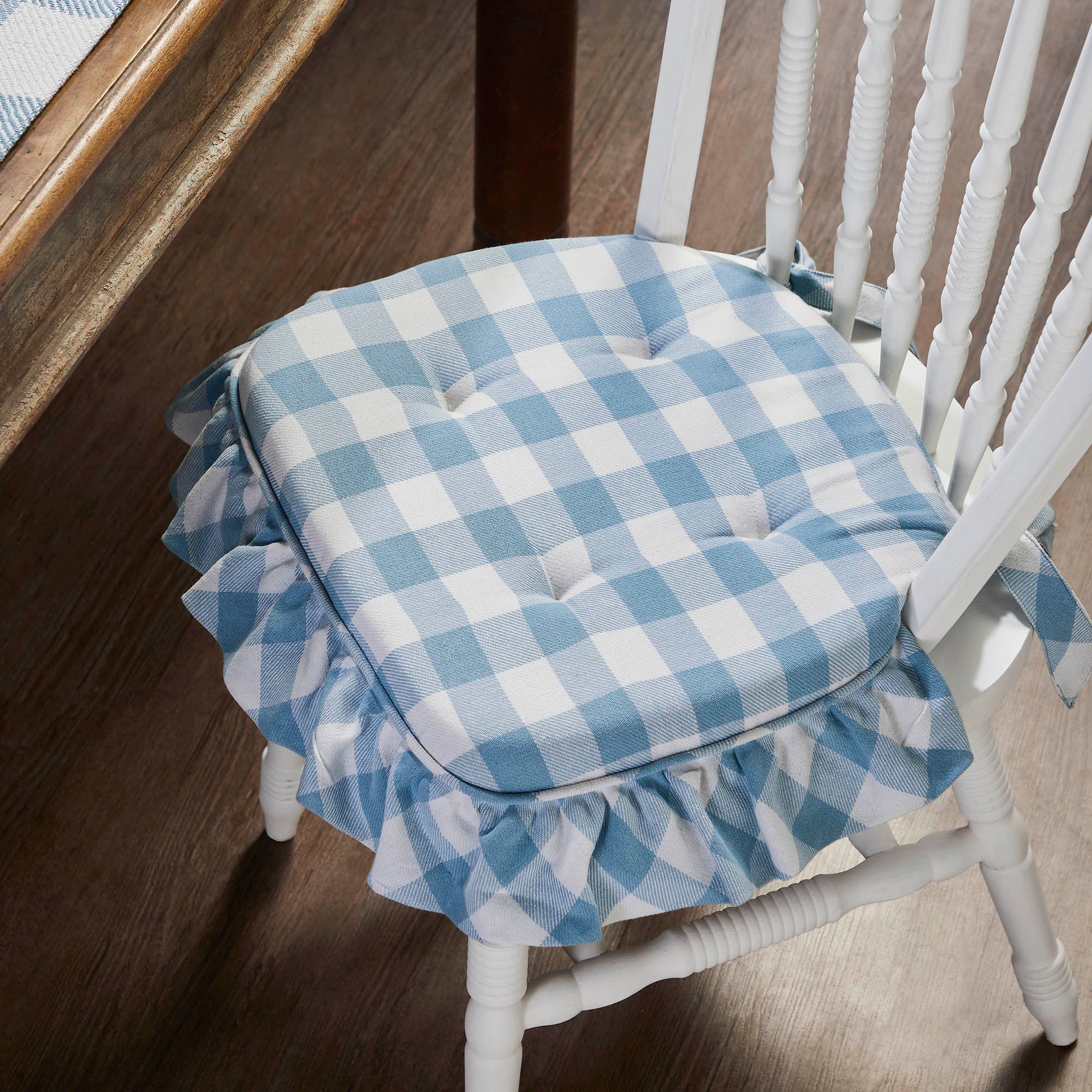 Annie Buffalo Check Blue Ruffled Chair Pad 16.5x18 SpadezStore