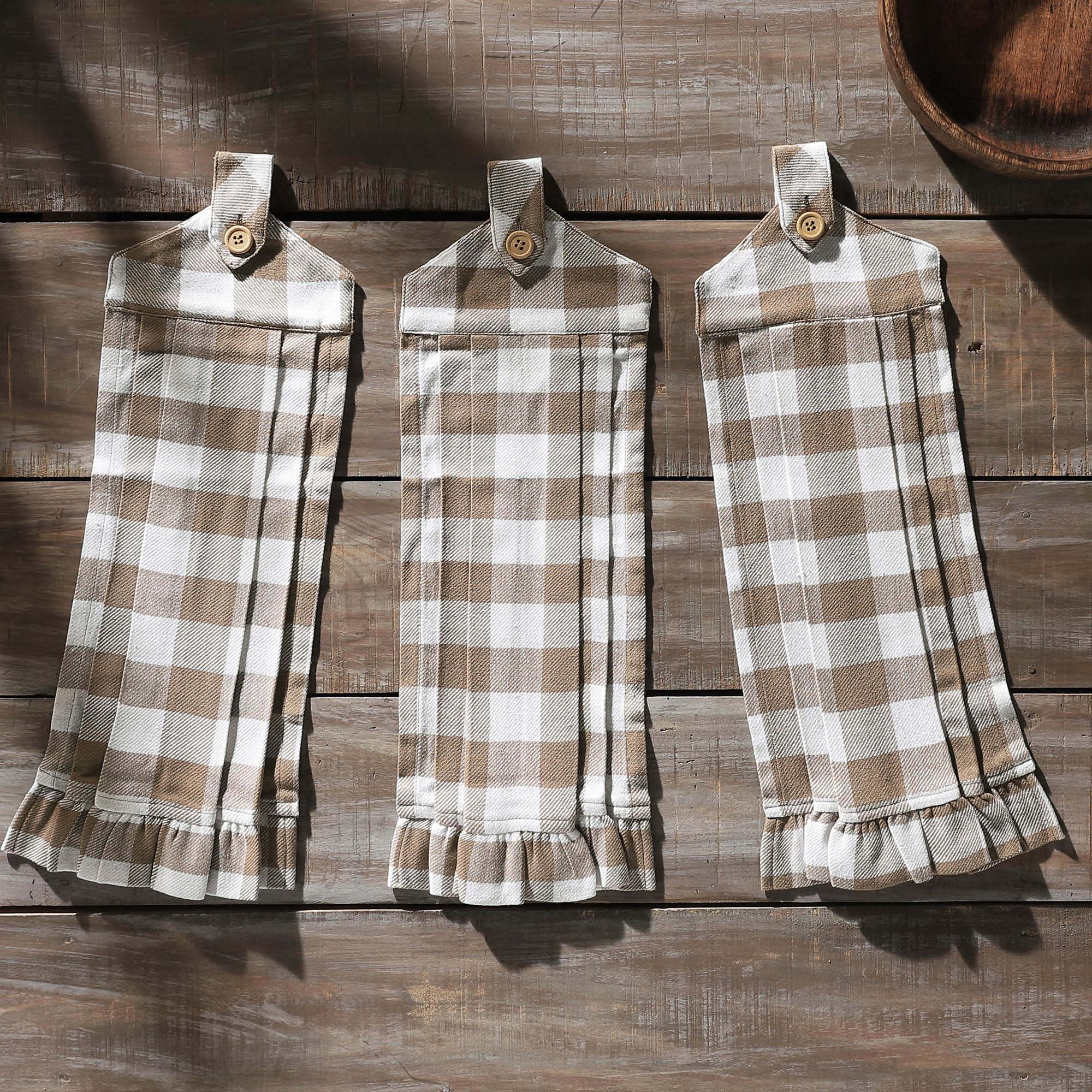 Annie Buffalo Check Portabella Button Loop Tea Towel Set of 3 SpadezStore