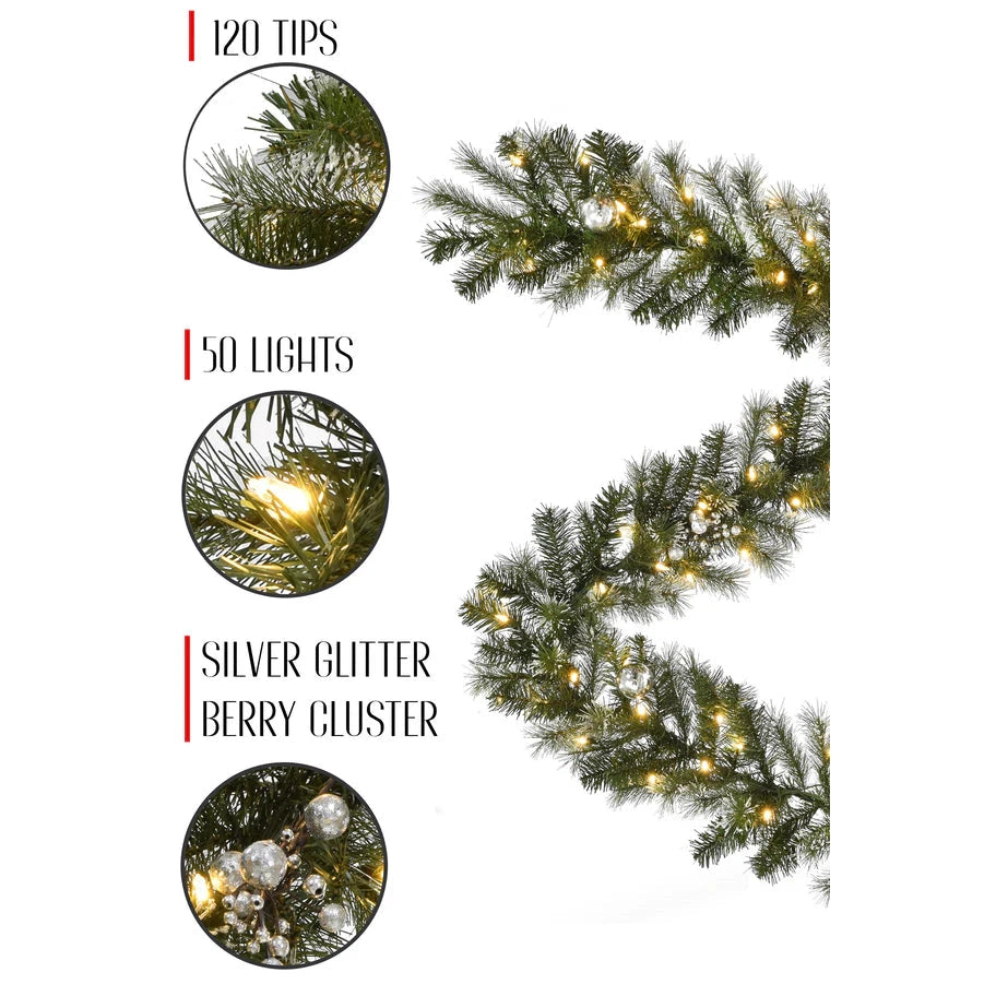 Perfect Holiday 6' Pre-lit Snow Dusted Nulato Pine Garland with Silver Ornaments & Glitter Berry Clusters SpadezStore