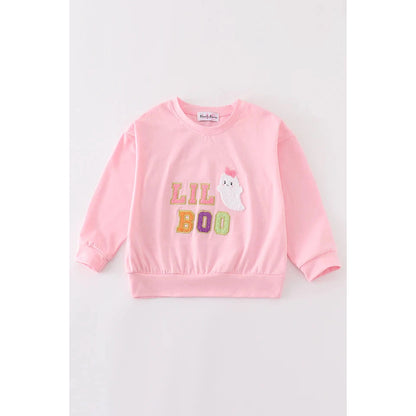 Abby & Evie Pink Halloween LIL BOO Chenille Patch Girl Top SpadezStore