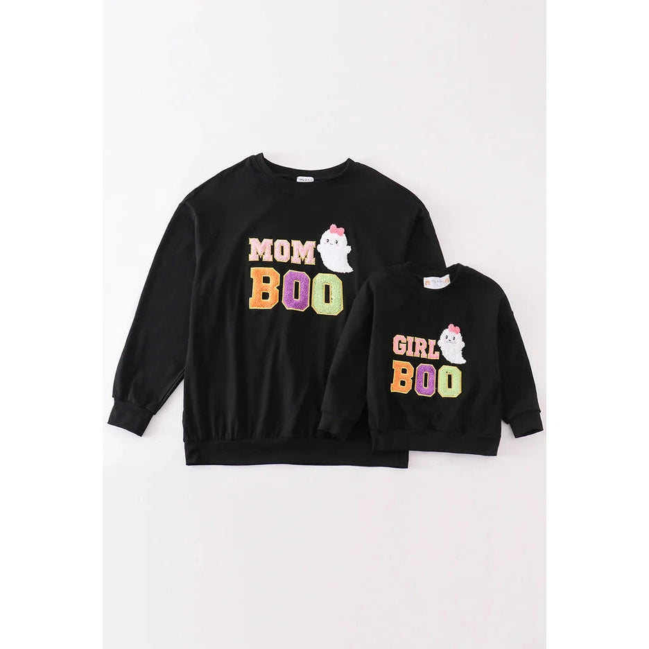 Abby & Evie Black Halloween MOM & GIRL BOO Chenille Patch Top SpadezStore