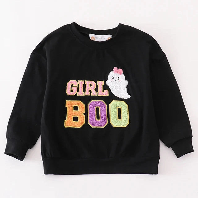 Abby & Evie Black Halloween MOM & GIRL BOO Chenille Patch Top SpadezStore