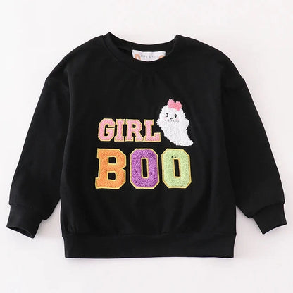 Abby & Evie Black Halloween MOM & GIRL BOO Chenille Patch Top SpadezStore