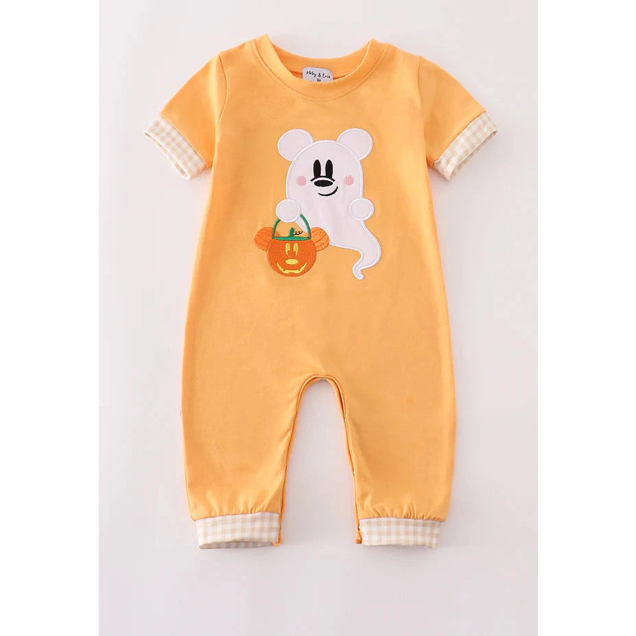 Abby & Evie Orange Halloween Character Ghost Applique Boy Romper SpadezStore