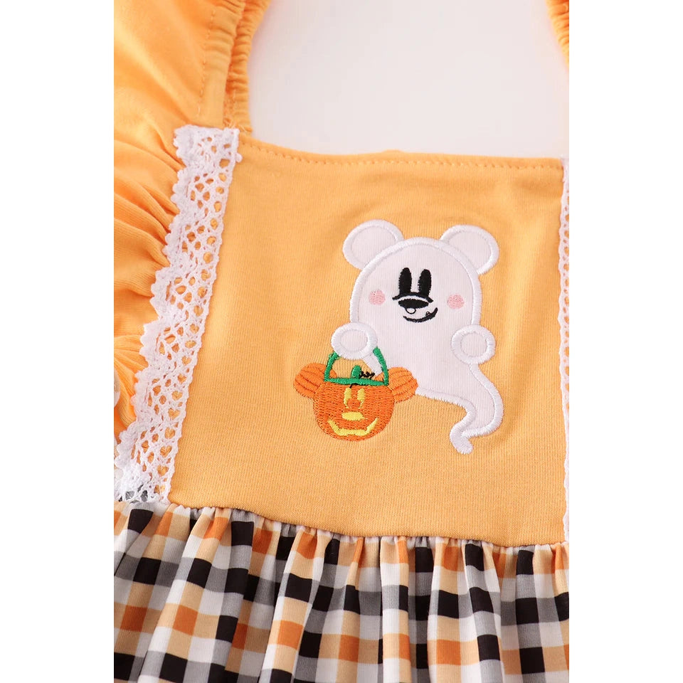 Abby & Evie Orange Halloween Character Ghost Applique Dress SpadezStore