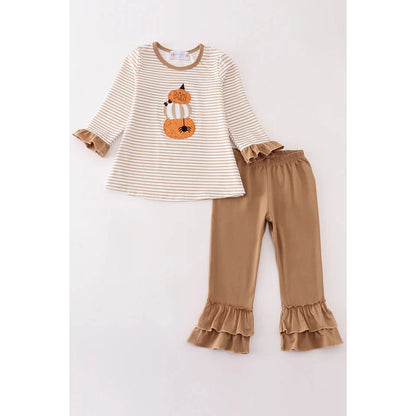 Abby & Evie Khaki Stripe Pumpkin Glitter Girl Pants Set SpadezStore