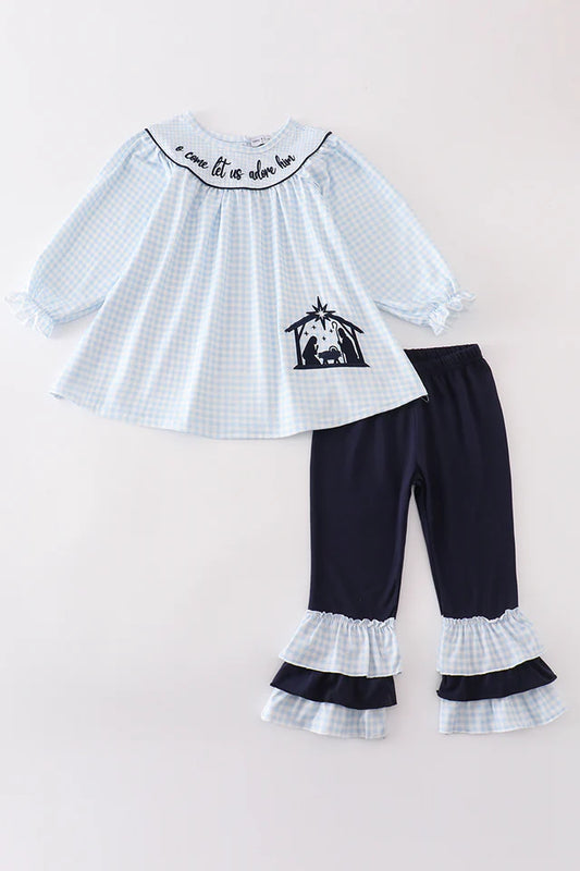 Abby & Evie Navy Nativity Embroidery Gingham Girl Set MC4051218