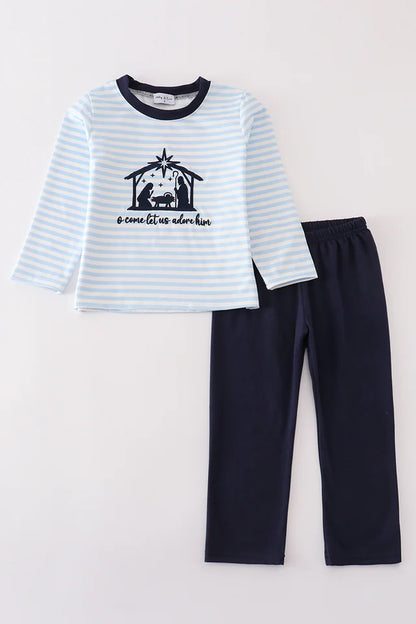 Abby & Evie Navy Nativity Embroidery Gingham Boy Set MC4051219