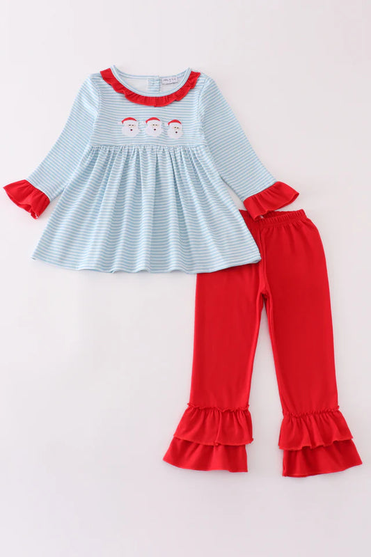 Abby & Evie Blue Stripe Christmas Santa Embroidery Girl Set MC405317