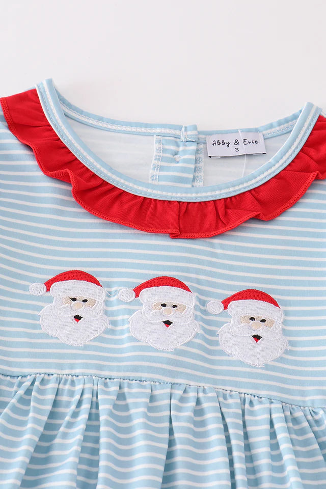 Abby & Evie Blue Stripe Christmas Santa Embroidery Girl Set MC405317