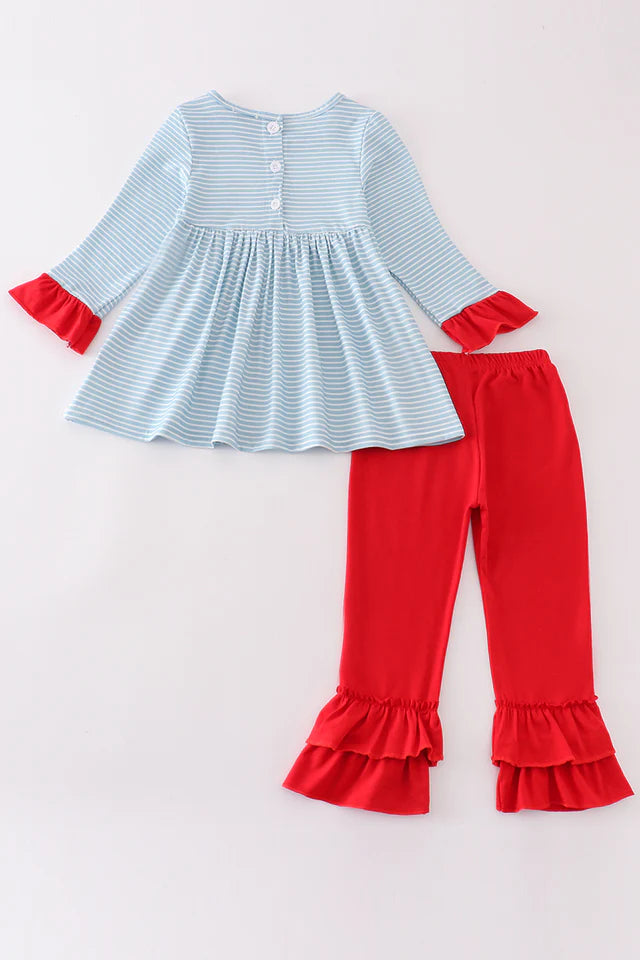 Abby & Evie Blue Stripe Christmas Santa Embroidery Girl Set MC405317