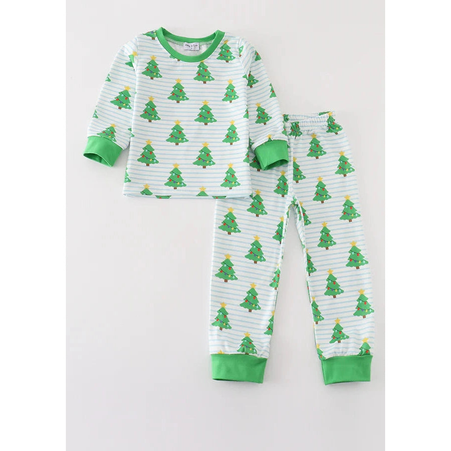 Abby & Evie Green Christmas Tree Print Ruffle Boy Pajamas Set MC405574 SpadezStore