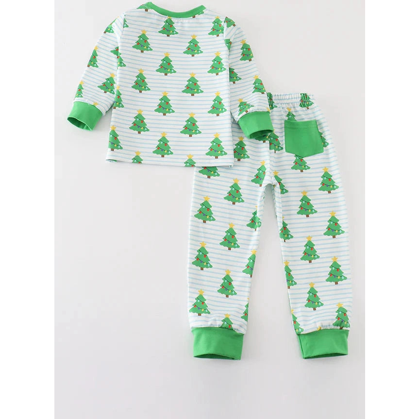 Abby & Evie Green Christmas Tree Print Ruffle Boy Pajamas Set MC405574 SpadezStore