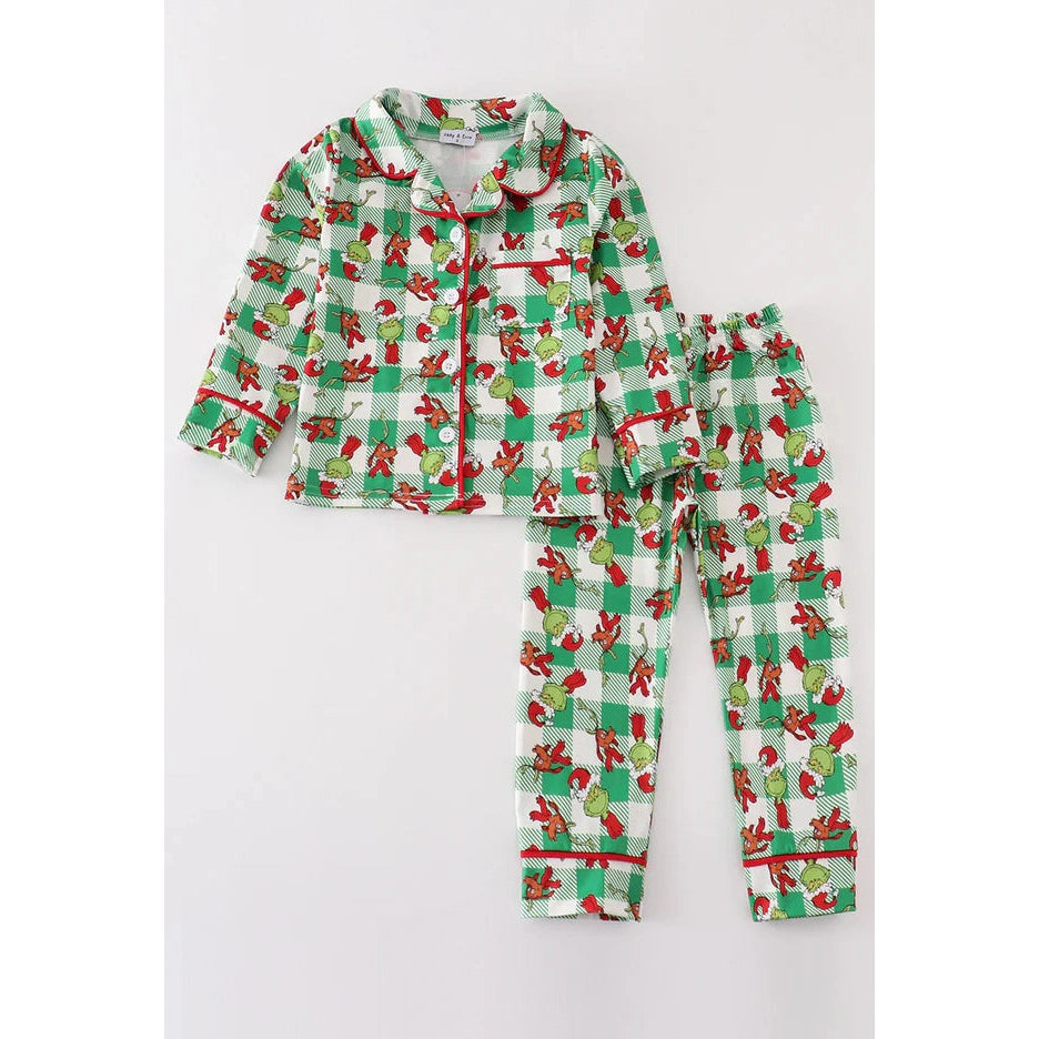 Abby & Evie Green Grinch Print Plaid Ruffle Boy Pajamas Set MC405596 SpadezStore