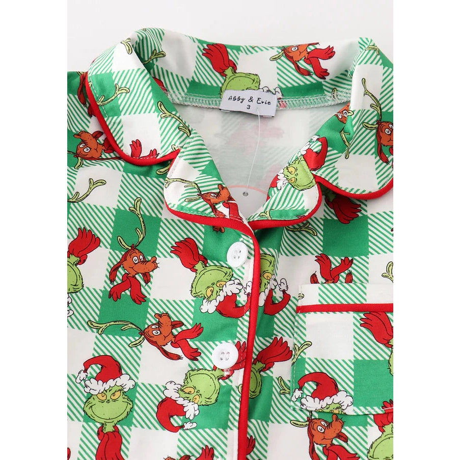 Abby & Evie Green Grinch Print Plaid Ruffle Boy Pajamas Set MC405596 SpadezStore