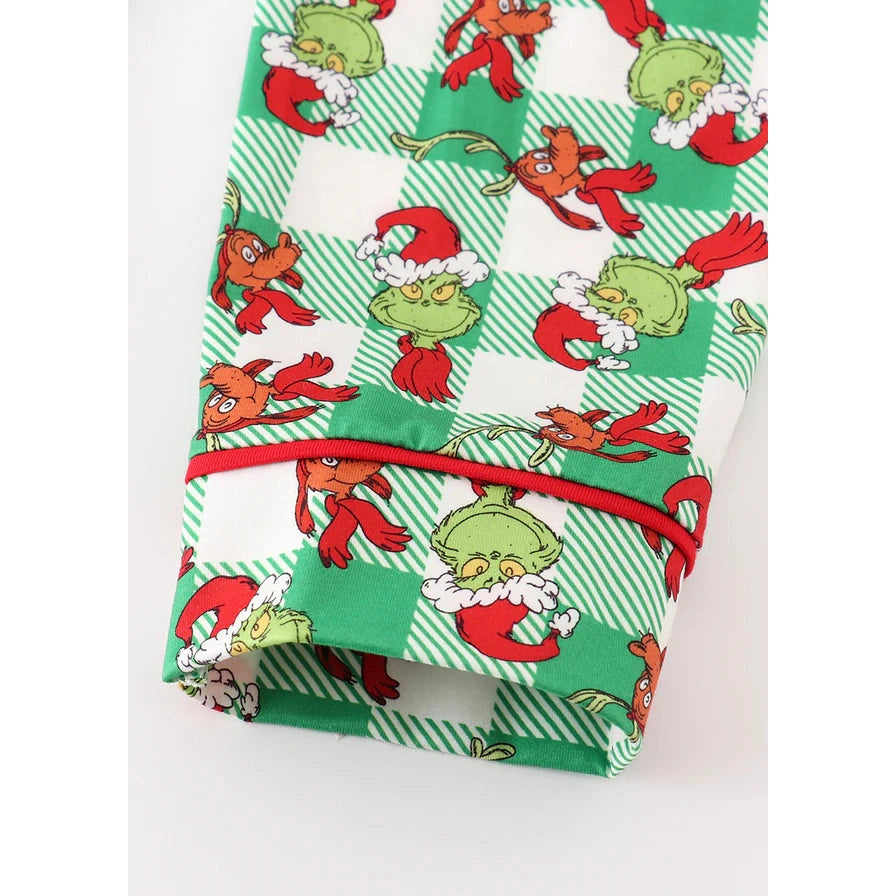 Abby & Evie Green Grinch Print Plaid Ruffle Boy Pajamas Set MC405596 SpadezStore