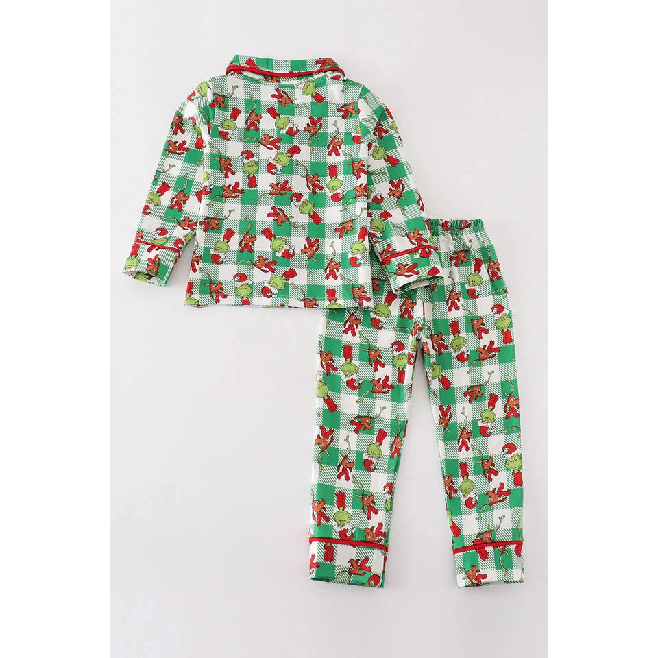 Abby & Evie Green Grinch Print Plaid Ruffle Boy Pajamas Set MC405596 SpadezStore