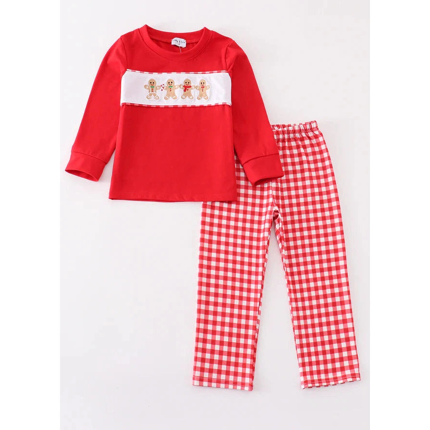 Abby & Evie Red Christmas Gingerbread Embroidery Boy Set SpadezStore