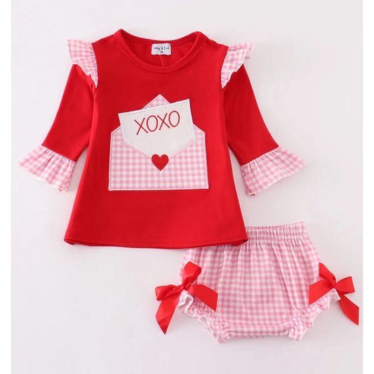 Abby & Evie Red Valentine XOXO Applique Girl Bloomer Set MC406133 SpadezStore