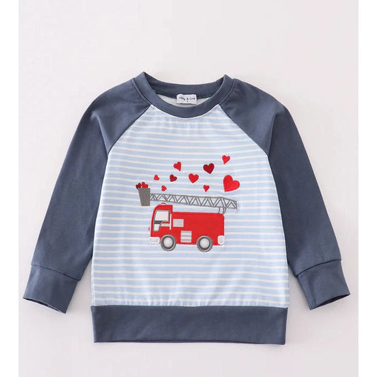 Abby & Evie Valentine's Day Fire Truck Applique Boy Top SpadezStore