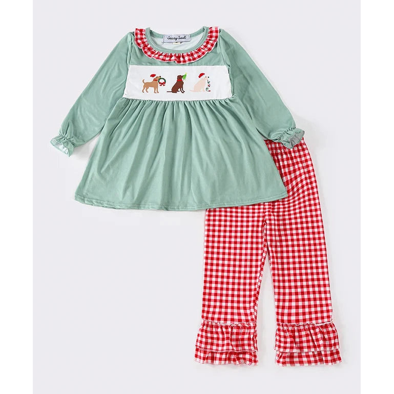 Sassy Soul Green Christmas Puppy Print Girl Set MY407178 SpadezStore