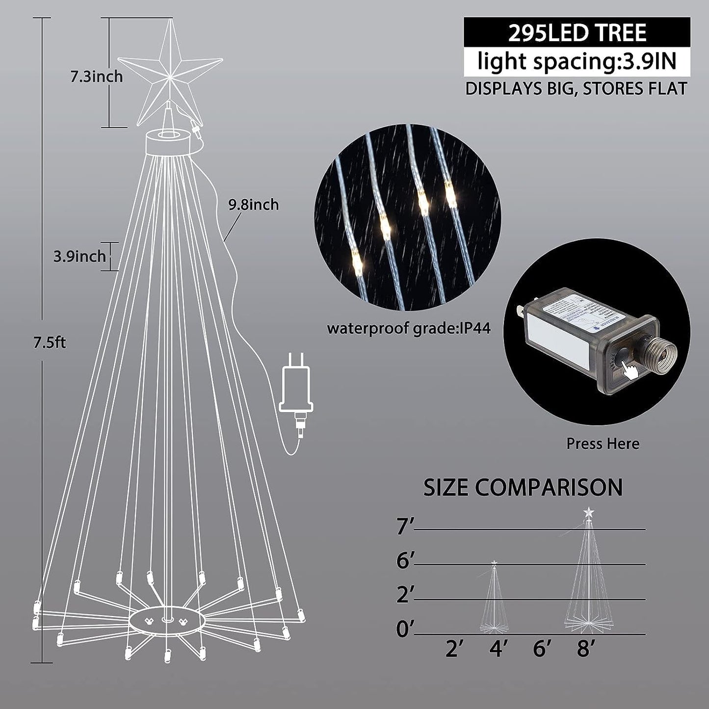 Perfect Holiday 5ft tree light IP44 5V/2A UL transformer, IR controller + 32button IR remote, 10' lead cable SpadezStore