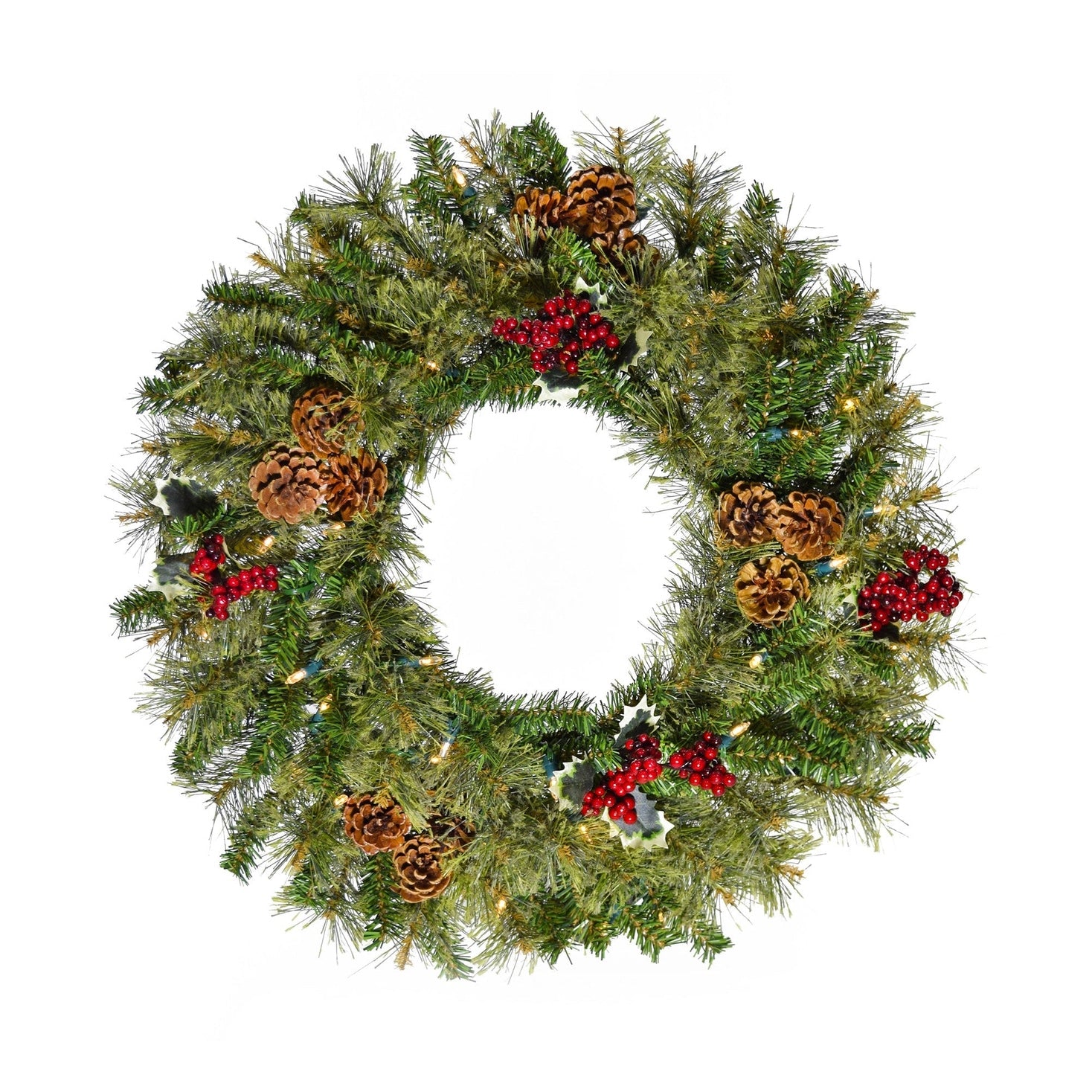 Perfect Holiday 24" Pre-lit Cheyenne Pine Wreath with Pine Cones & Holly Berry Clusters SpadezStore