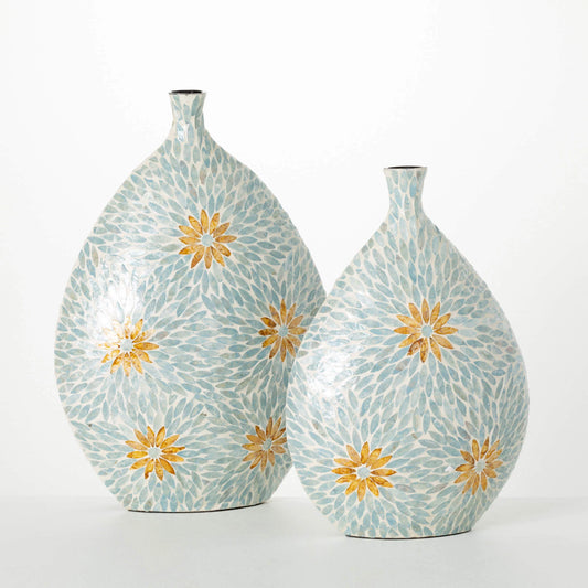 Sullivans Blue Floral Capiz Vase Set SpadezStore